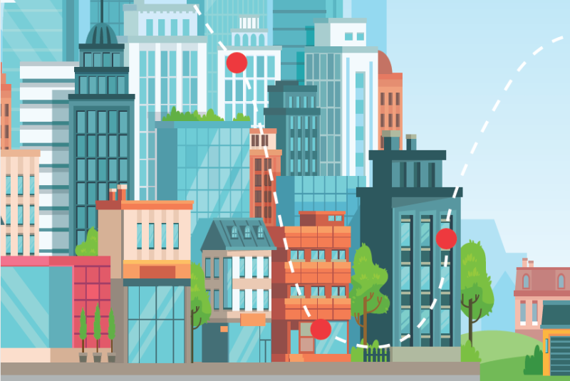 illustration of city buildings with map dotted lines across it