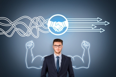 graphic of businessman with tech illustrations